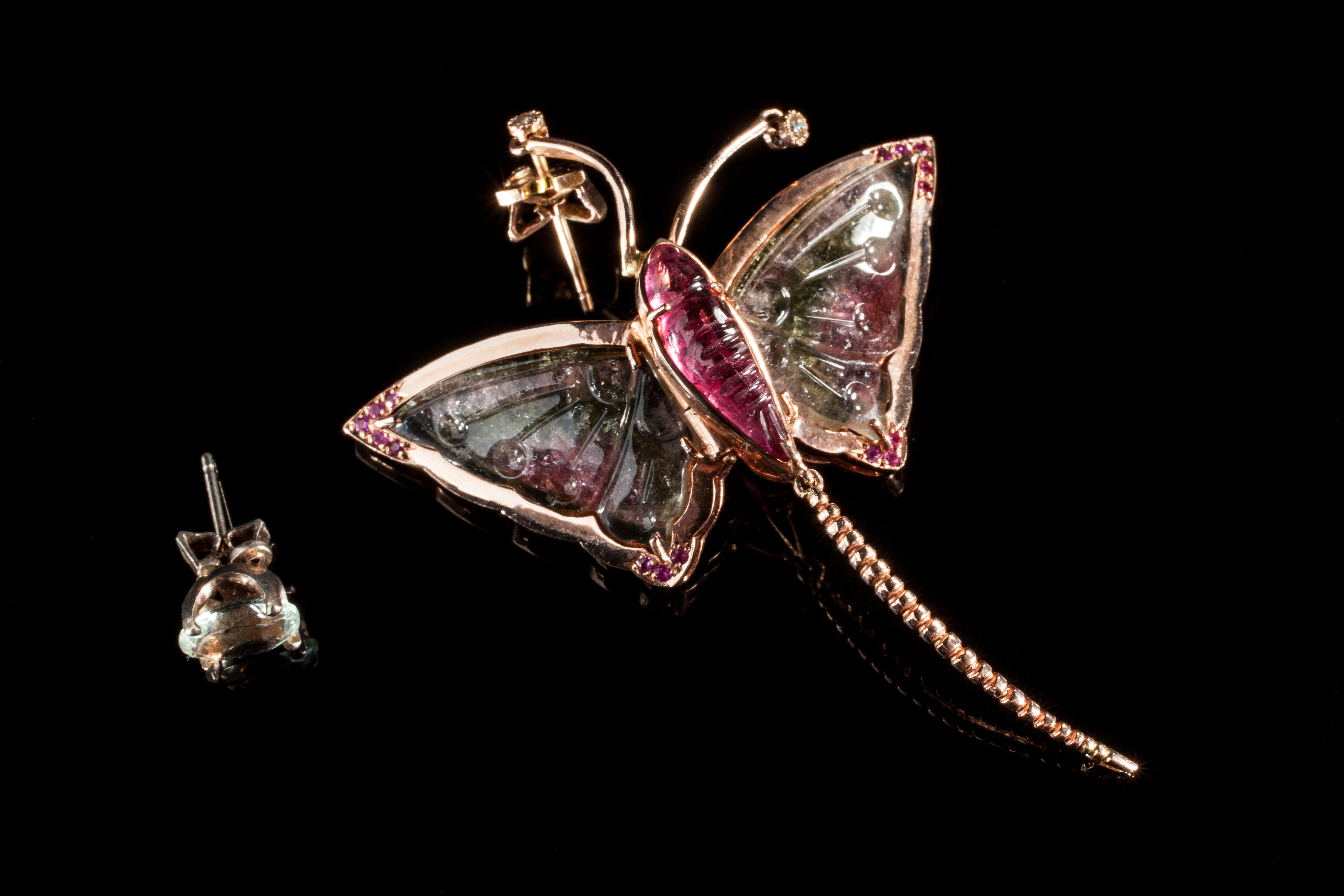 Sylph's Flight — Custom-cut Tourmaline & Ruby Butterfly Earrings
